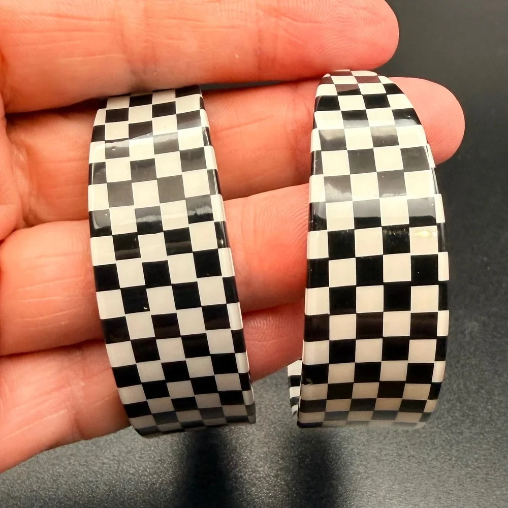 Vintage Hoop Earrings Black White Checkerboard Acrylic Retro Large 2.25